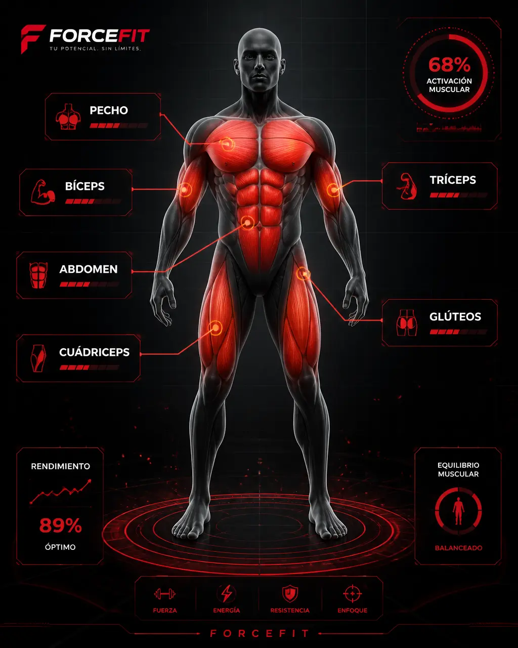 Avatar muscular ForceFit — activación por grupo muscular